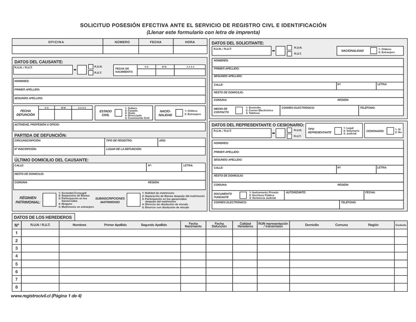 Primera hoja del formulario de solicitud de posesión efectiva, con los recuadros de datos del causante, del solicitante, del representante y la tabla de herederos