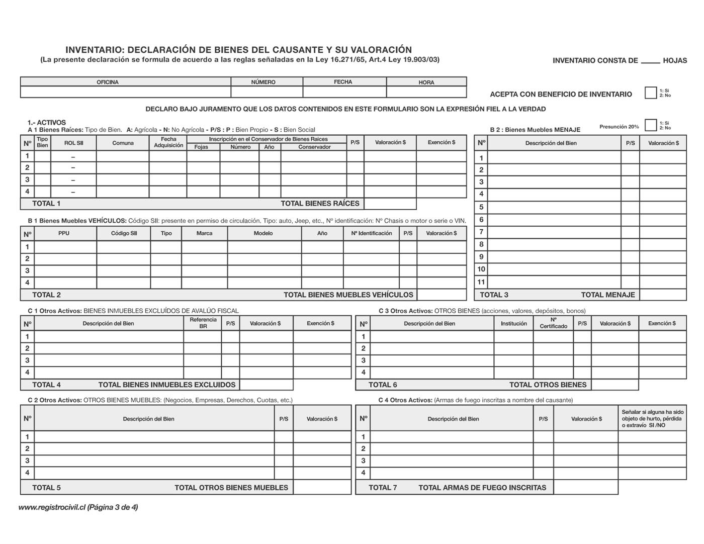 Hoja del inventario del formulario, con las tablas de bienes raíces, vehículos, menaje y otros activos