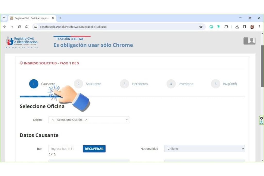 Formulario digital de posesión efectiva completado en pantalla
