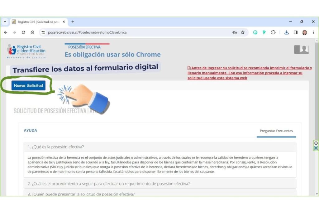 Botón Nueva Solicitud del formulario digital de posesión efectiva